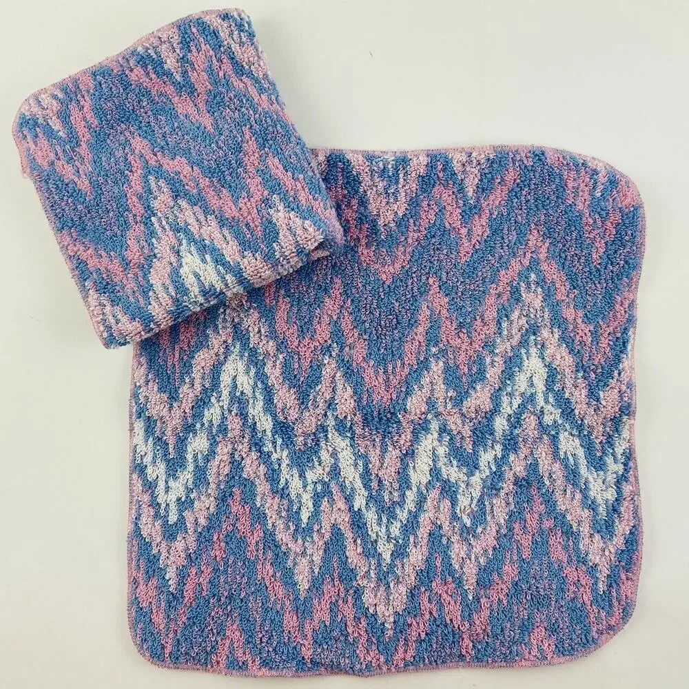 2 Vintage Royal velvet Fieldcrest washcloths rags Pastel pink blue Waves Zig zag
